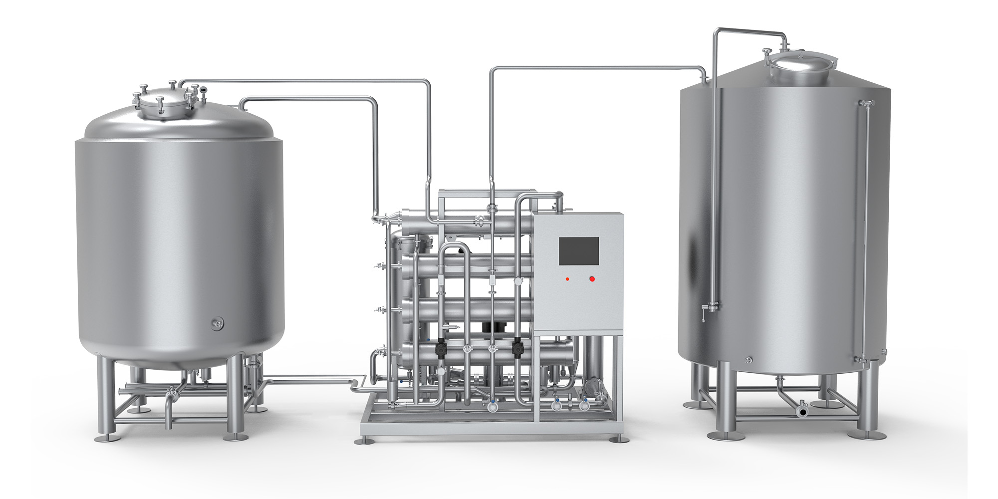 Stainless steel beverage processing skid with membrane filtration unit and storage tanks