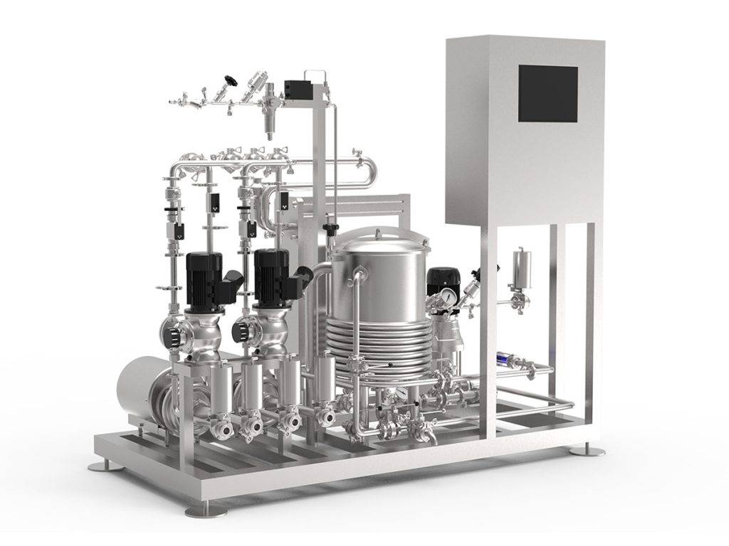 3D render of a compact plate heat exchanger pasteurizer skid with balance tank and control panel