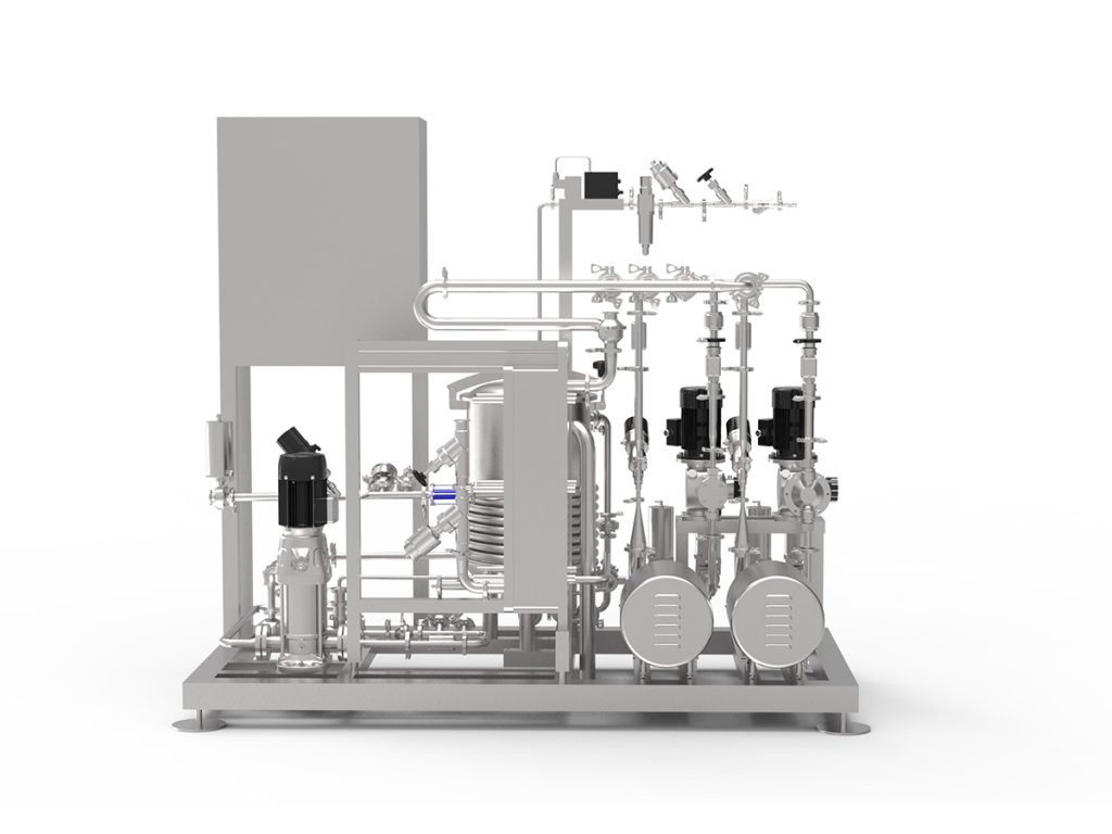 Rear view of a stainless steel pasteurizer skid showing the plate heat exchanger and piping