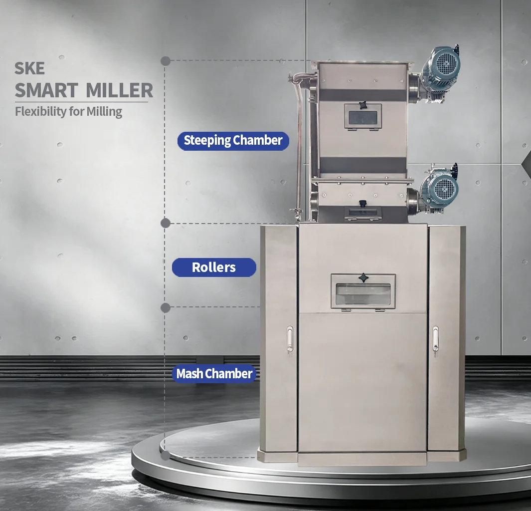 SKE Smart Miller with labelled steeping chamber, rollers and malt chute