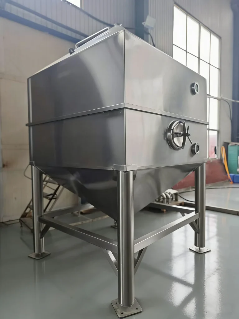 Stainless steel grain hopper with a conical discharge section